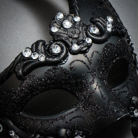 Venetian Masquerade Mask Glitter Silver Rhinestones-Black - Picture 4 of 4